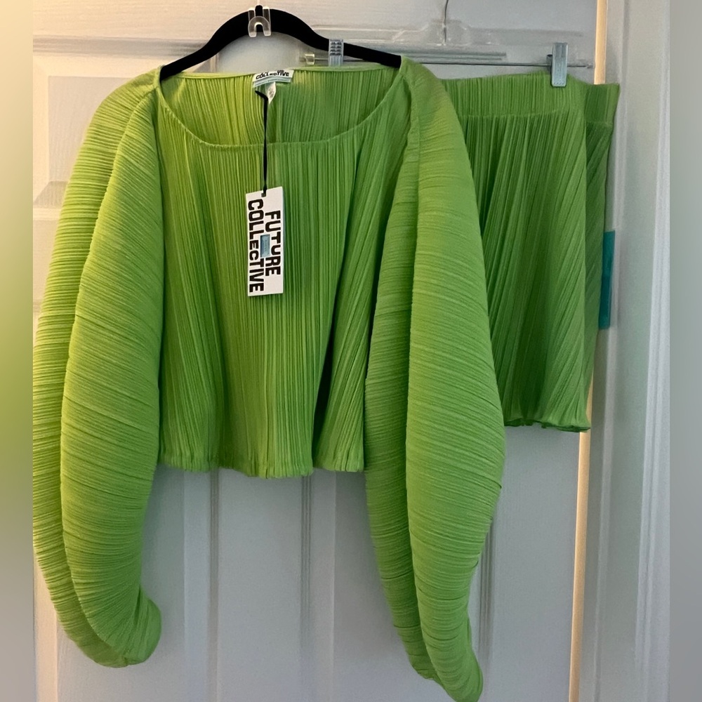 Future Collective Lime Green Cropped Shirt and Mini Skirt